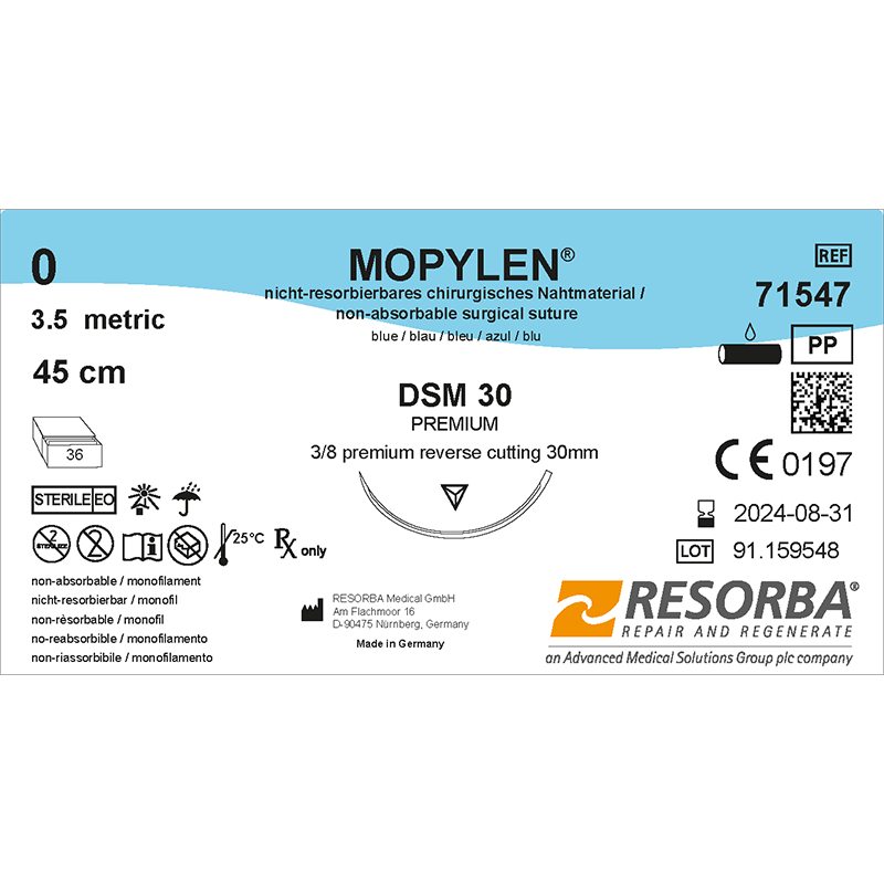 Мопілен USP0 синій, 45см, зворотньо-ріжуча голка 30мм, типу преміум, 3/8 кола